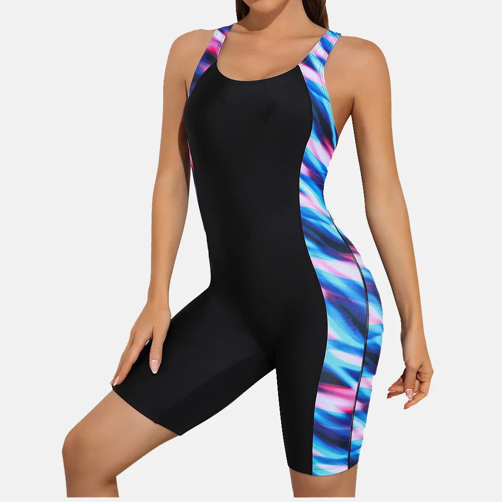 One Piece Women Pro Sports Swimwear Boyleg Knee-Length Sport Swimsuit Patchwork Bikini Beach Wear Bathing Suit